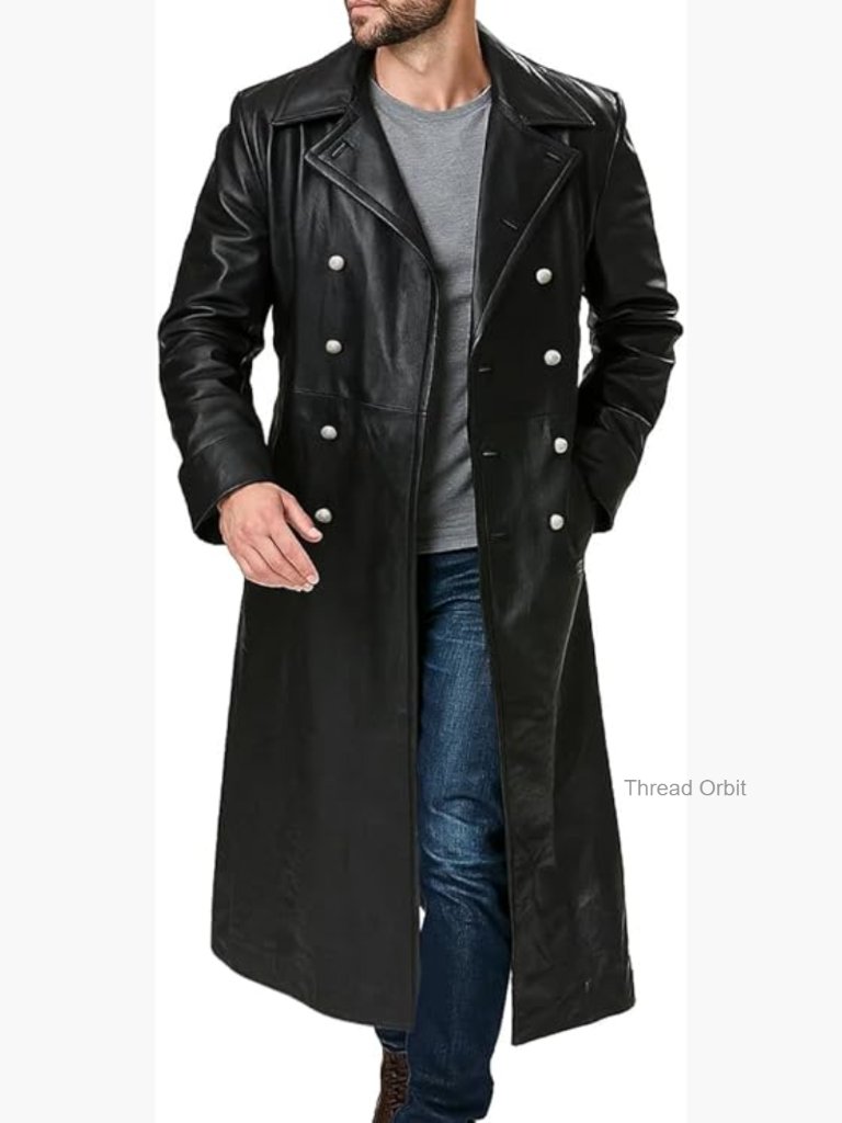 Genuine Black Lambskin Leather Long Trench Coat Men's German Military Ww2